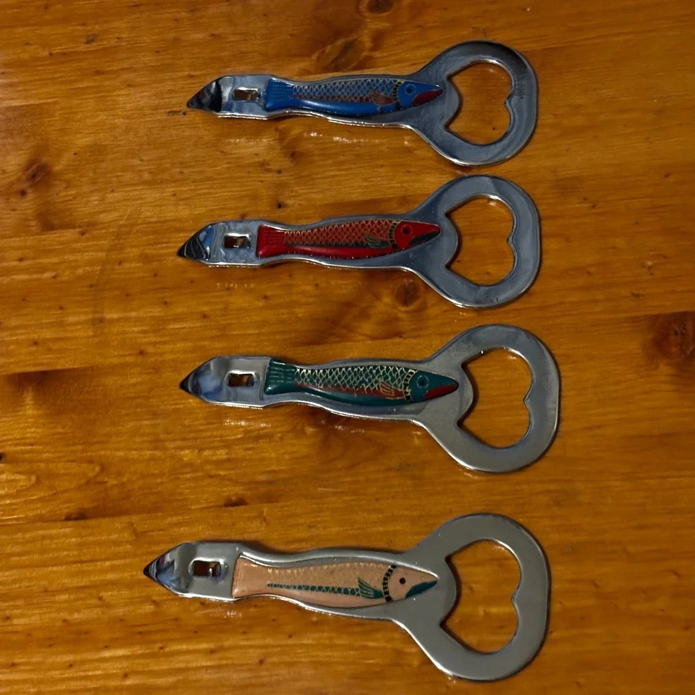 Vintage Stainless Steel Bottle Can Openers (4)‎ Enameled Fish Motifs SET #1